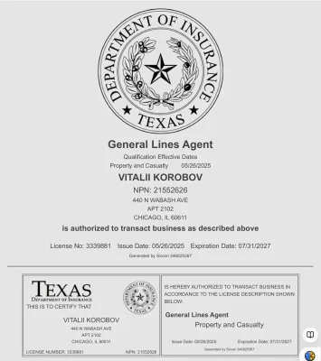 TEXAS VITALII KOROBOV LLM INSURENCE LICENSE